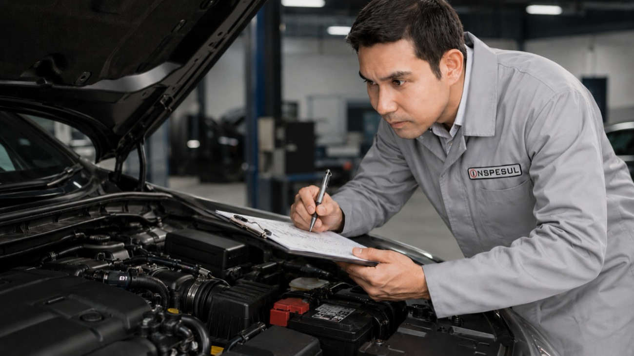 Inspetor da INSPESUL, de guarda-pó cinza com o logo, inspecionando o motor de um veículo